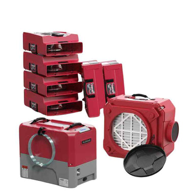 ALORAIR Combo Pack for Water Damage Restoration 1xStorm LGR Extreme Commercial Dehumidifier 6xZeus 900 Air Movers and 1xHEPA 550 Air Scrubber bundle in red