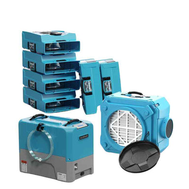 ALORAIR Combo Pack for Water Damage Restoration 1xStorm LGR ExtremeCommercial Dehumidifier 6xZeus 900Air Movers and 1xHEPA 550 Air Scrubber group photo in blue