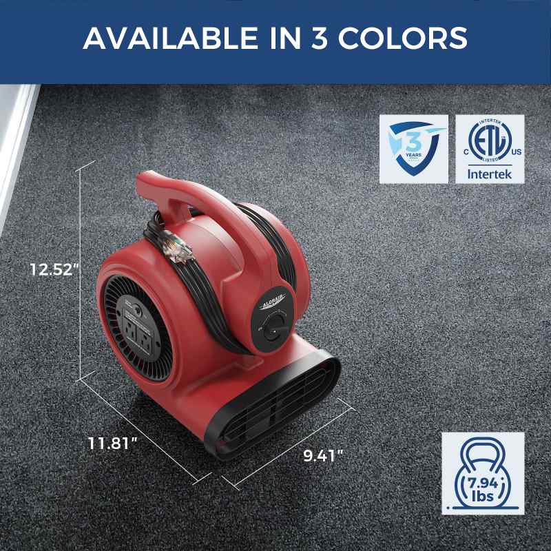 AlorAir 600 CFM Air Mover Blower Fan in red with dimensions and weight
