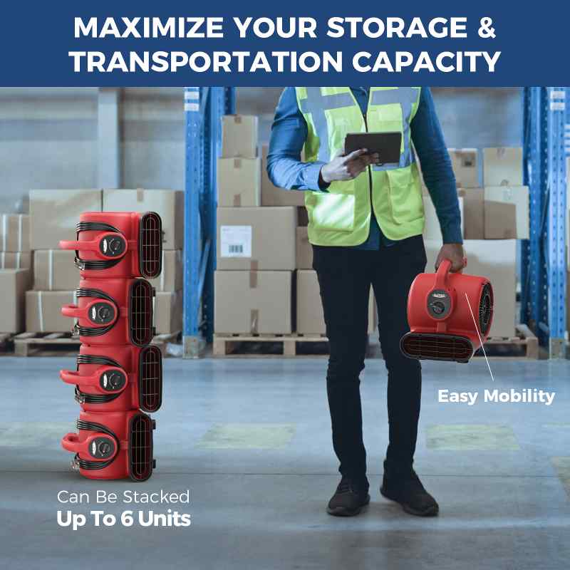 AlorAir 600 CFM Air Mover Blower Fan showing stacking view