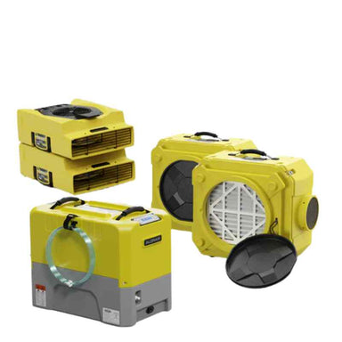 Alorair Commercial Water Damage Restoration Equipment 1 x Storm LGR Extreme Dehumidifier 2 x Zeus 900 Air Mover and 2xClean Shield HEPA 550 Scrubber Combo Pack in yellow