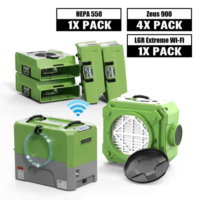 AlorAir® Combo Pack for Water Damage Restoration, 1xStorm LGR Extreme WiFi Commercial Dehumidifier, 4xAir Movers and 1xAir Scrubber in green