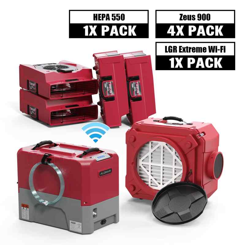AlorAir® Combo Pack for Water Damage Restoration, 1xStorm LGR Extreme WiFi Commercial Dehumidifier, 4xAir Movers and 1xAir Scrubber in red