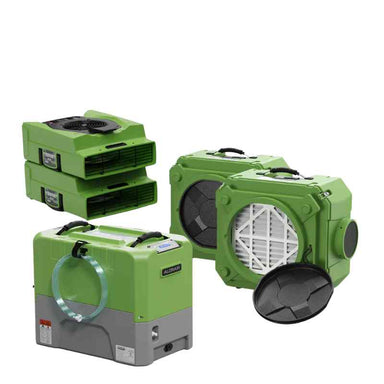 Alorair Commercial Water Damage Restoration Equipment 1 x Storm LGR Extreme Dehumidifier 2 x Zeus 900 Air Mover and 2xClean Shield HEPA 550 Scrubber Combo Pack in green