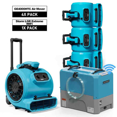 Alorair Water Damage Restoration Package 1 x Storm LGR Extreme WIFI Dehumidifier 4 x GE4000HTC Air Movers group main view with text