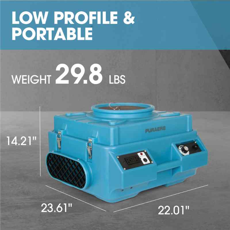 PURAERO AIR SCRUBBER PA-600-HAS-BL in blue showing weight and dimensions