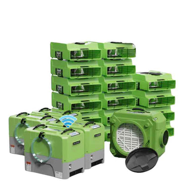 Package 2 AlorAir Water Damage Restoration Equipment Package 4 x Storm LGR Extreme Wi-Fi 85 Pint Commercial Dehumidifier 16 x Zeus Air Mover 1 x HEPA 550 in green