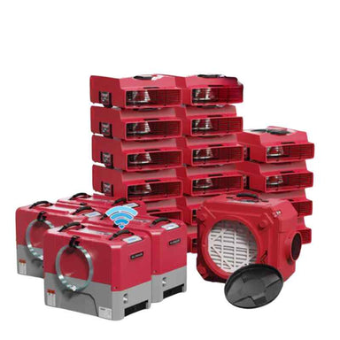 Package 2 AlorAir Water Damage Restoration Equipment Package 4 x Storm LGR Extreme Wi-Fi 85 Pint Commercial Dehumidifier 16 x Zeus Air Mover 1 x HEPA 550 in red