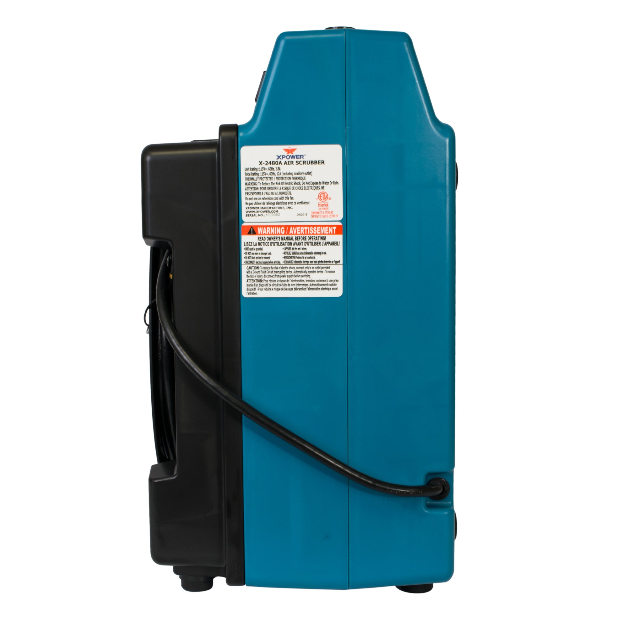 XPOWER X-2480A Professional 3-Stage HEPA Mini Air Scrubber in blue side view
