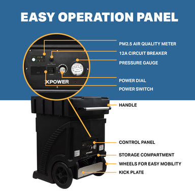 control panel on XPOWER AP-2500D Commercial HEPA Filtration Air Scrubber - 1800CFM