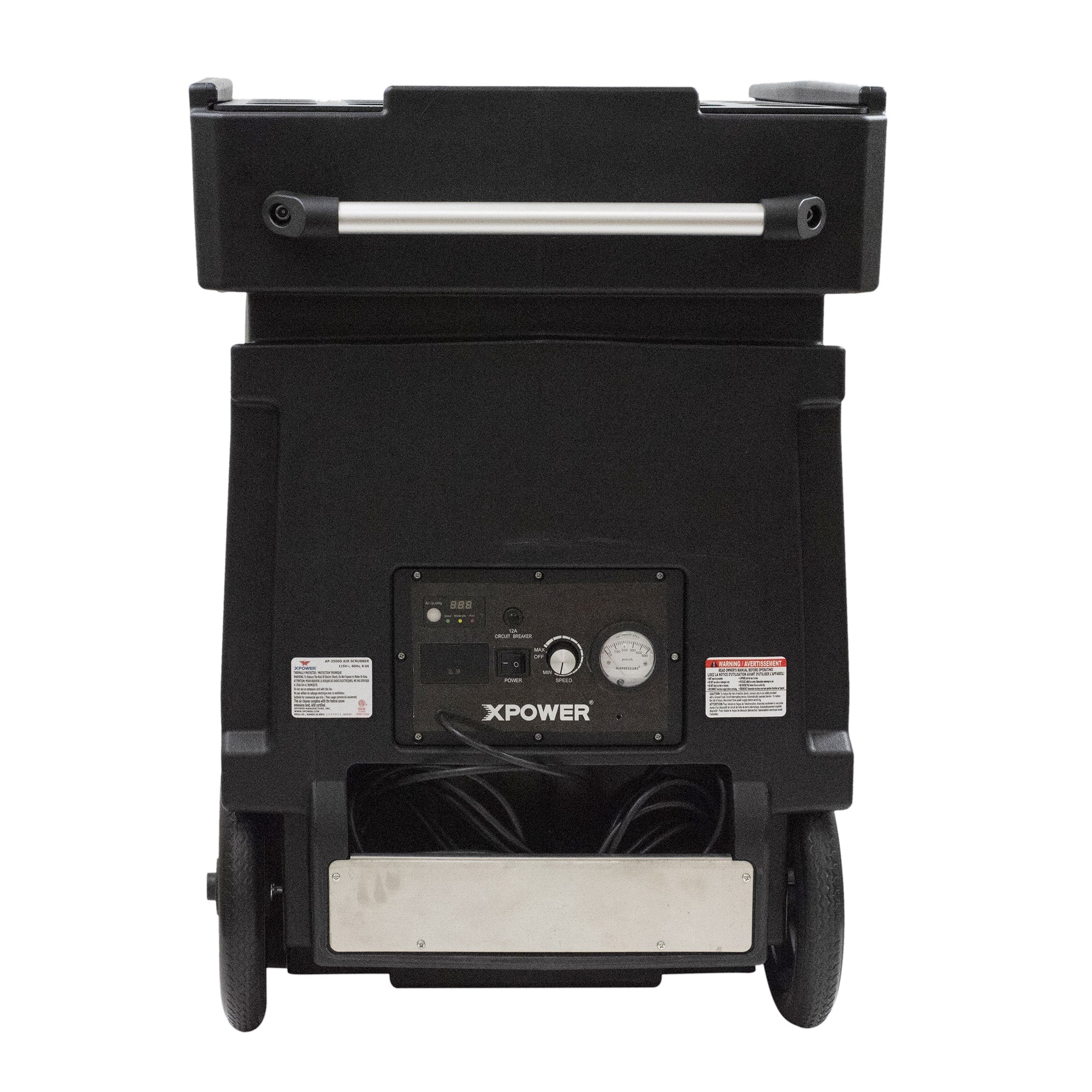 XPOWER AP-2500D Commercial HEPA Filtration Air Scrubber in black back side view showing control panel