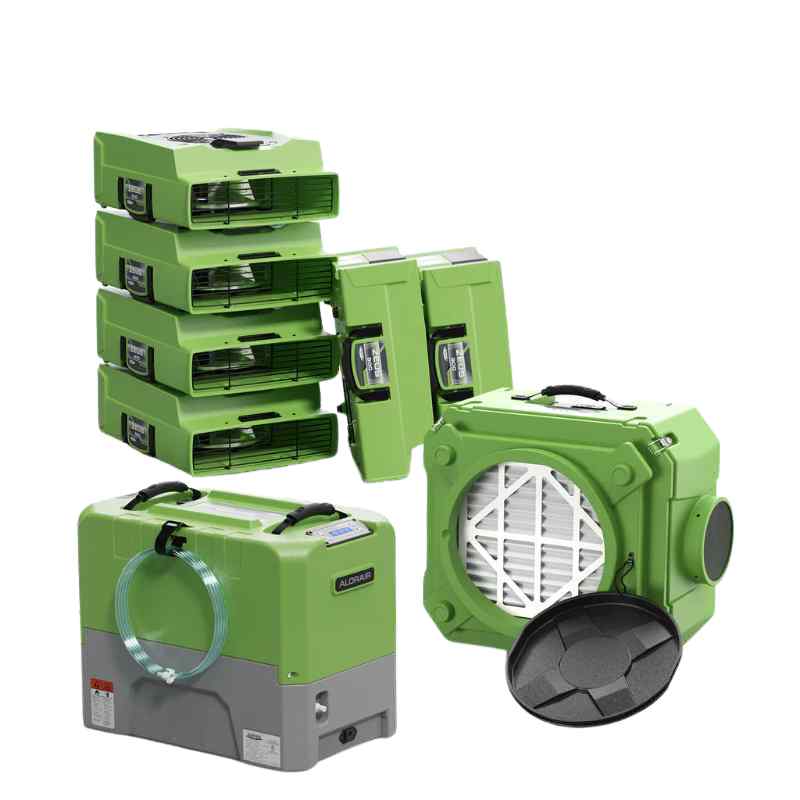 ALORAIR Combo Pack for Water Damage Restoration 1xStorm LGR Extreme Commercial Dehumidifier 6xZeus 900 Air Movers and 1xHEPA 550 Air Scrubber group photo in green
