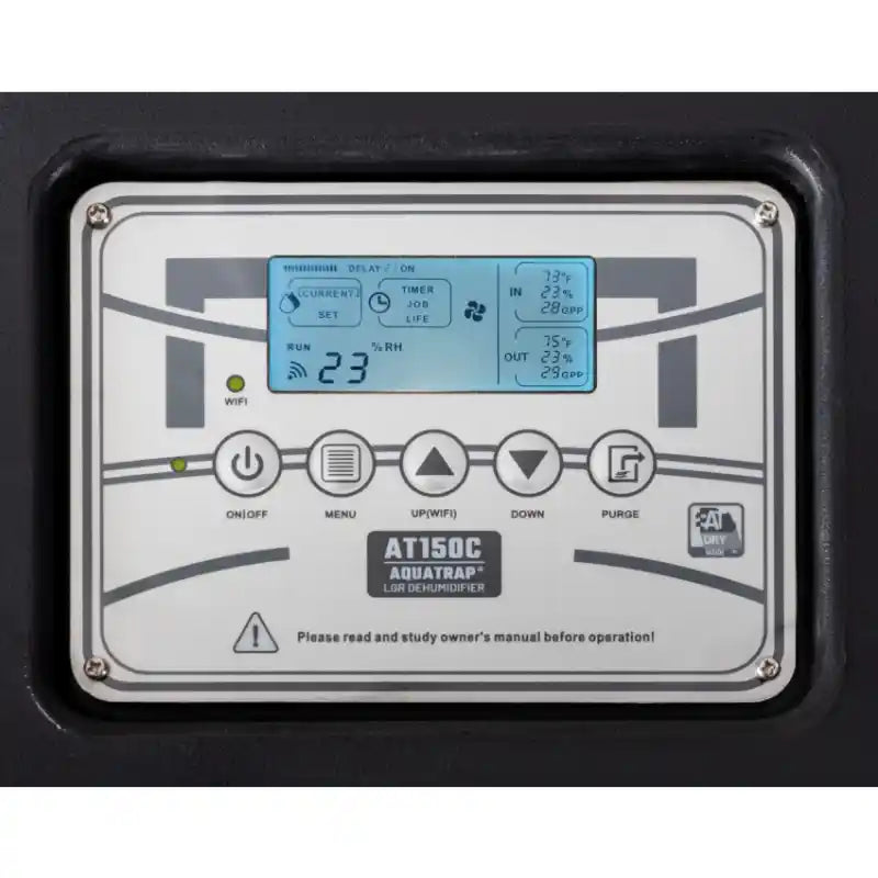 Abatement Technologies AQUATRAP 150C LGR Wi-Fi Dehumidifier menu screen view