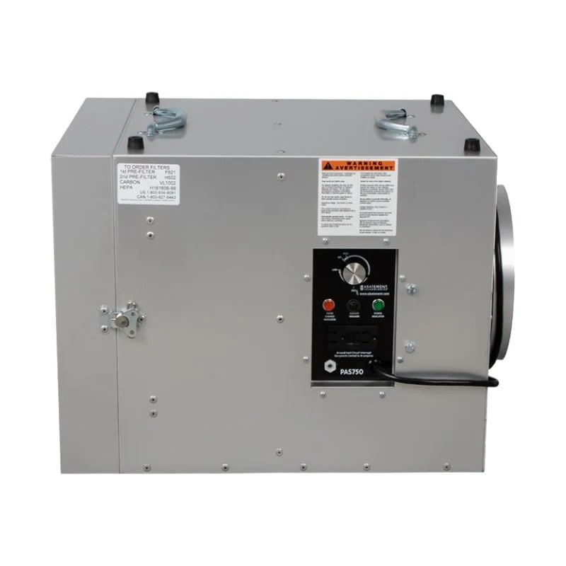 Abatement Technologies HEPA-AIRE PAS750  Portable Air Scrubber side view of machine showing control panel on white background