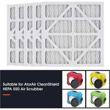 AlorAir Replacement MERV-10 Filters for CleanShield HEPA 550 Air Scrubber 5 Pack showing compatible air scrubbers