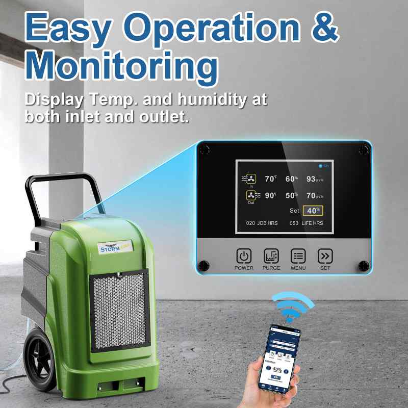 alorair storm ultra commercial dehumidifier with wifi in green with closeup of display