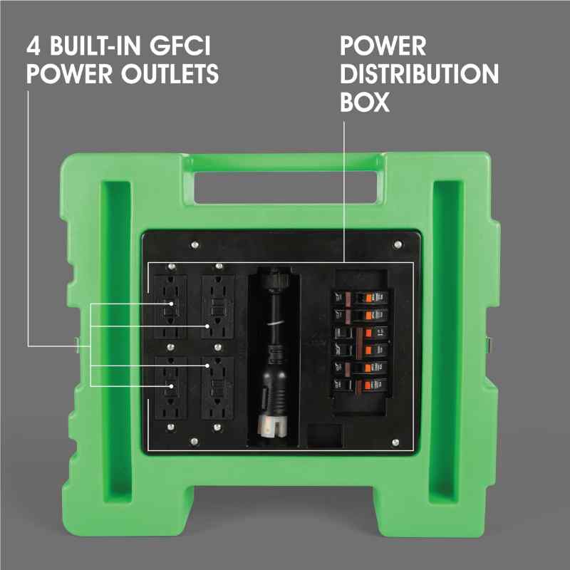 PURAERO POWER DISTRIBUTION BOX PA-PDK-60-GN IN GREEN SHOWING OUTLETS