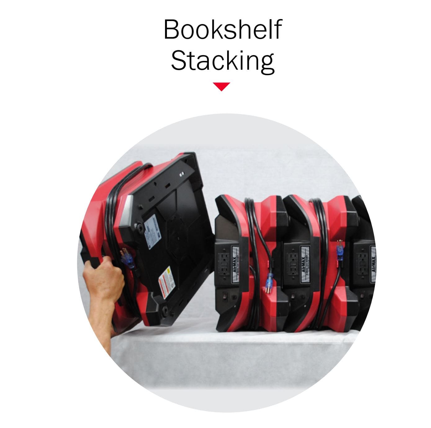 Phoenix AirMAX Radial Air Mover in red showing bookshelf stacking