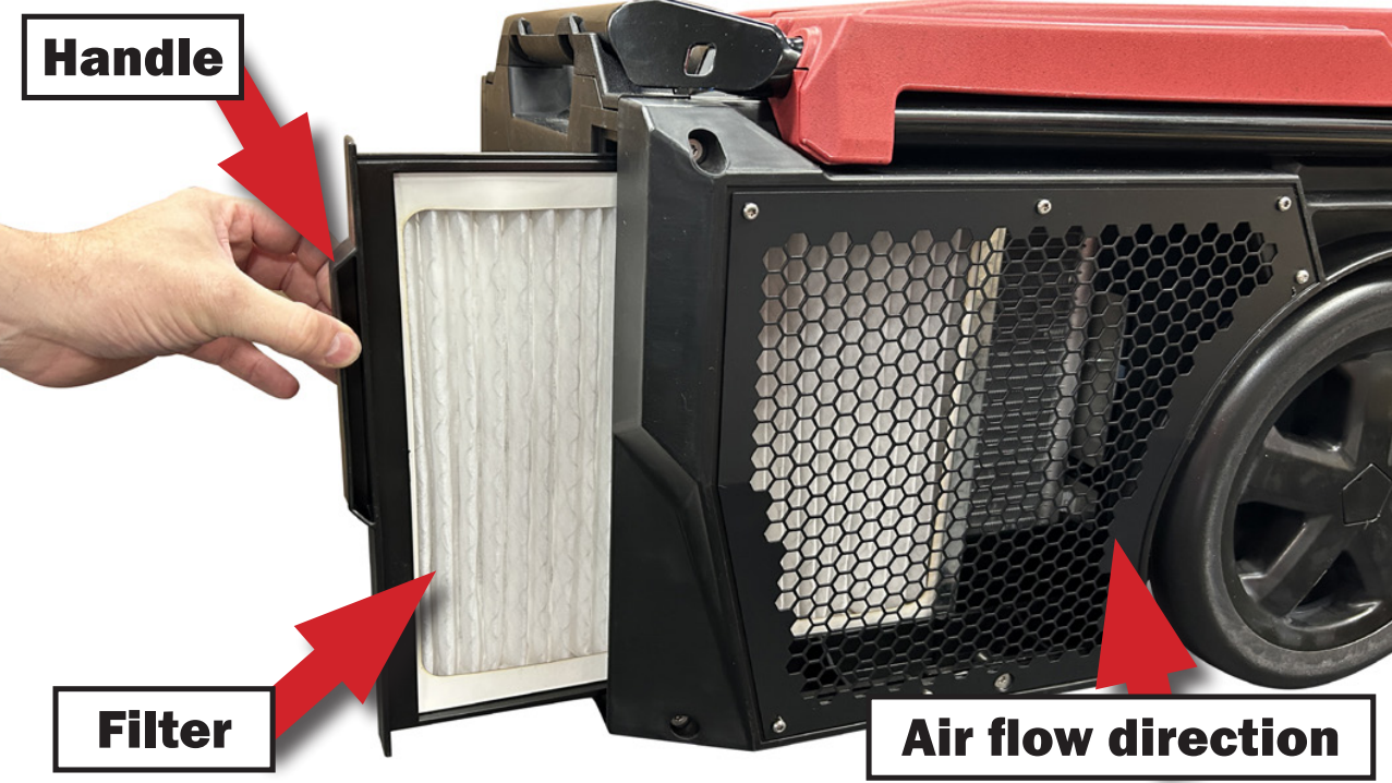 view of Phoenix DryMAX XL Pro LGR Dehumidifier in red showing how to remove filter