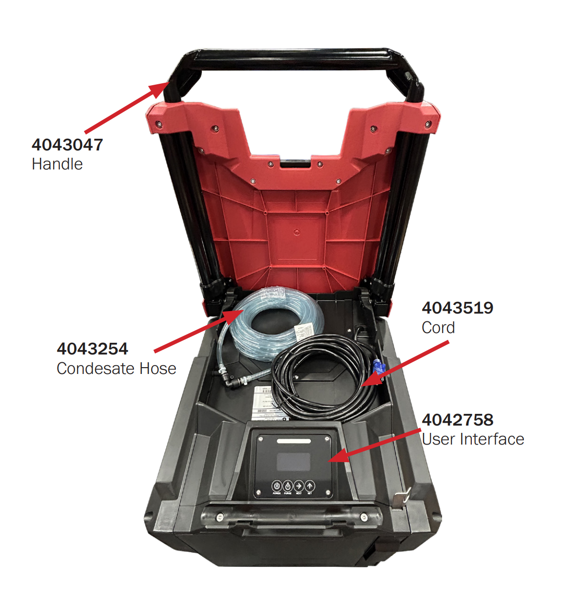 detailed view of view of Phoenix DryMAX XL Pro LGR Dehumidifier in red showing storage for hoses and user interface area