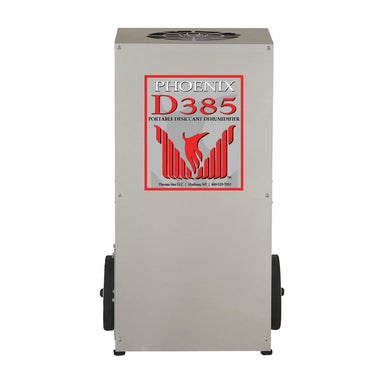 PHOENIX D385 Portable Desiccant Dehumidifier view from front straight at product with red phoenix logo