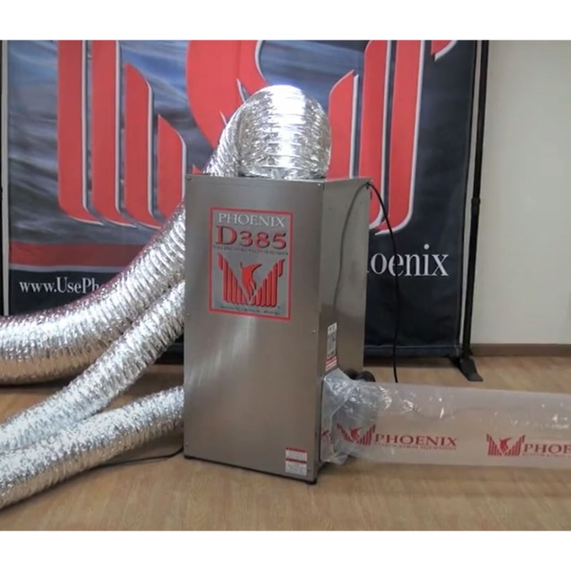PHOENIX D385 Portable Desiccant Dehumidifier showing ducting attached