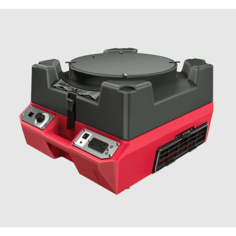 main view of a red phoenix guardian hepa air scrubber on a white background
