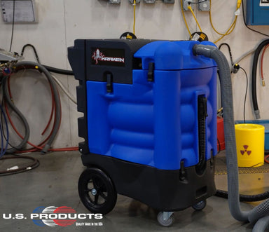 view of a blue US PRODUCTS Kraken Flood Pumper Extractor - 25' Vacuum Hose & 50' Dump Hose Bundle being used in a warehouse