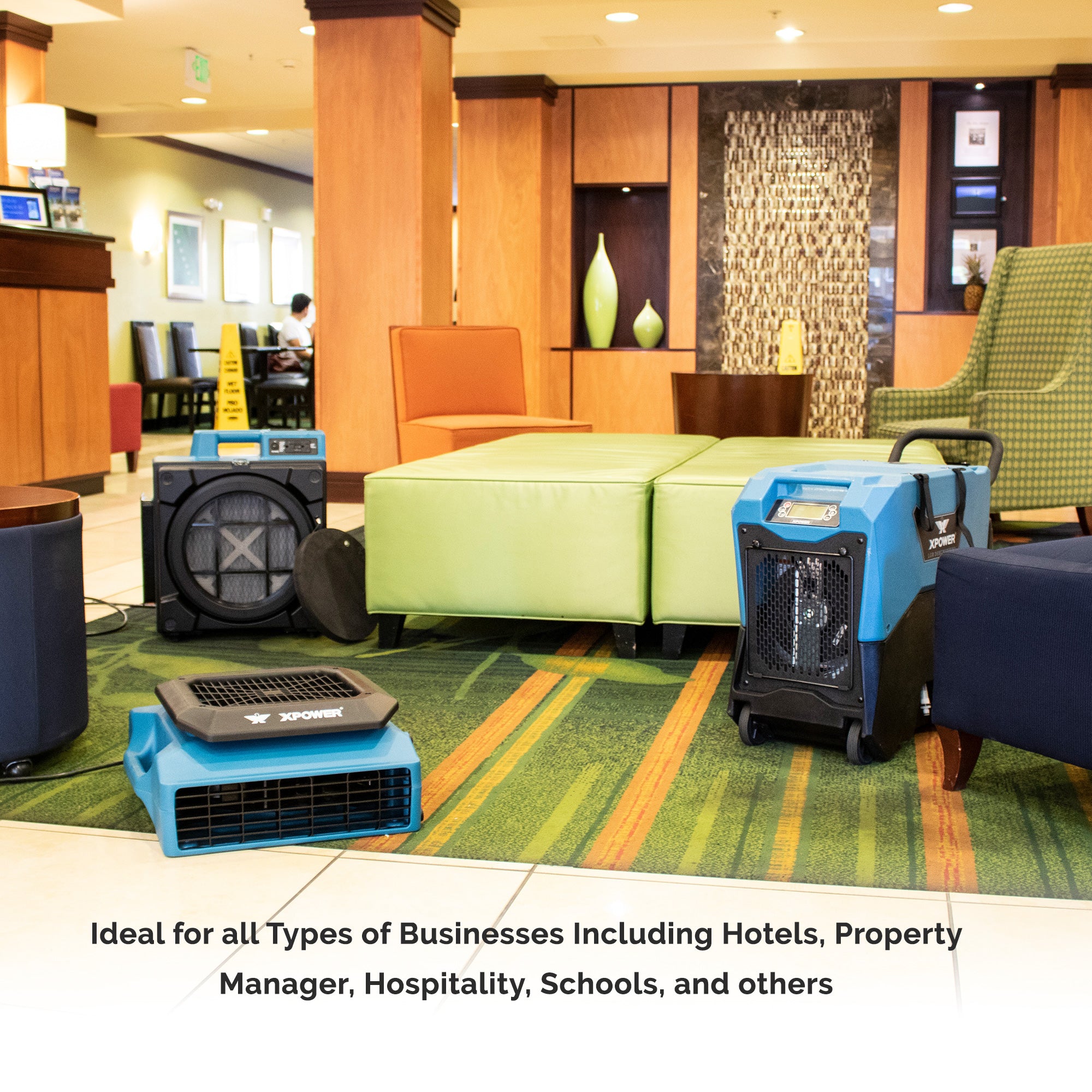 view of XTREMEDRY® Mojave Complete DIY Pro-Drying System for Water & Flood Damage Restoration being used in hotel lobby