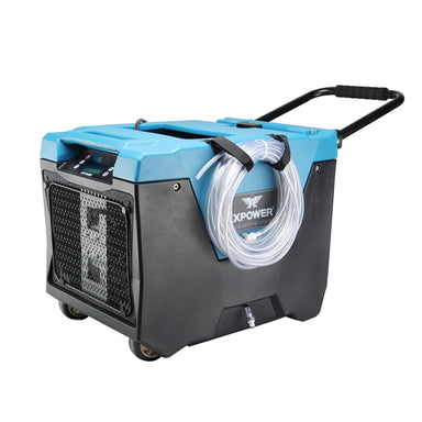 side view with hose on XPOWER XD-125Li Low Grain Refrigerant (LGR) Dehumidifier - 220 PPD