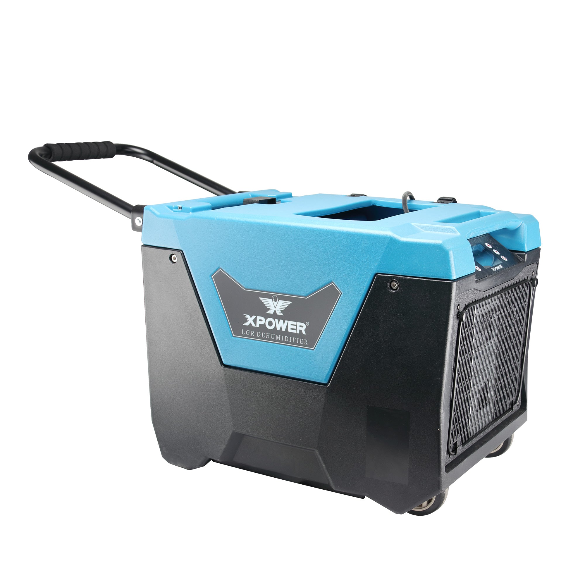 front angle view of XPOWER XD-125Li Low Grain Refrigerant (LGR) Dehumidifier - 220 PPD handle out