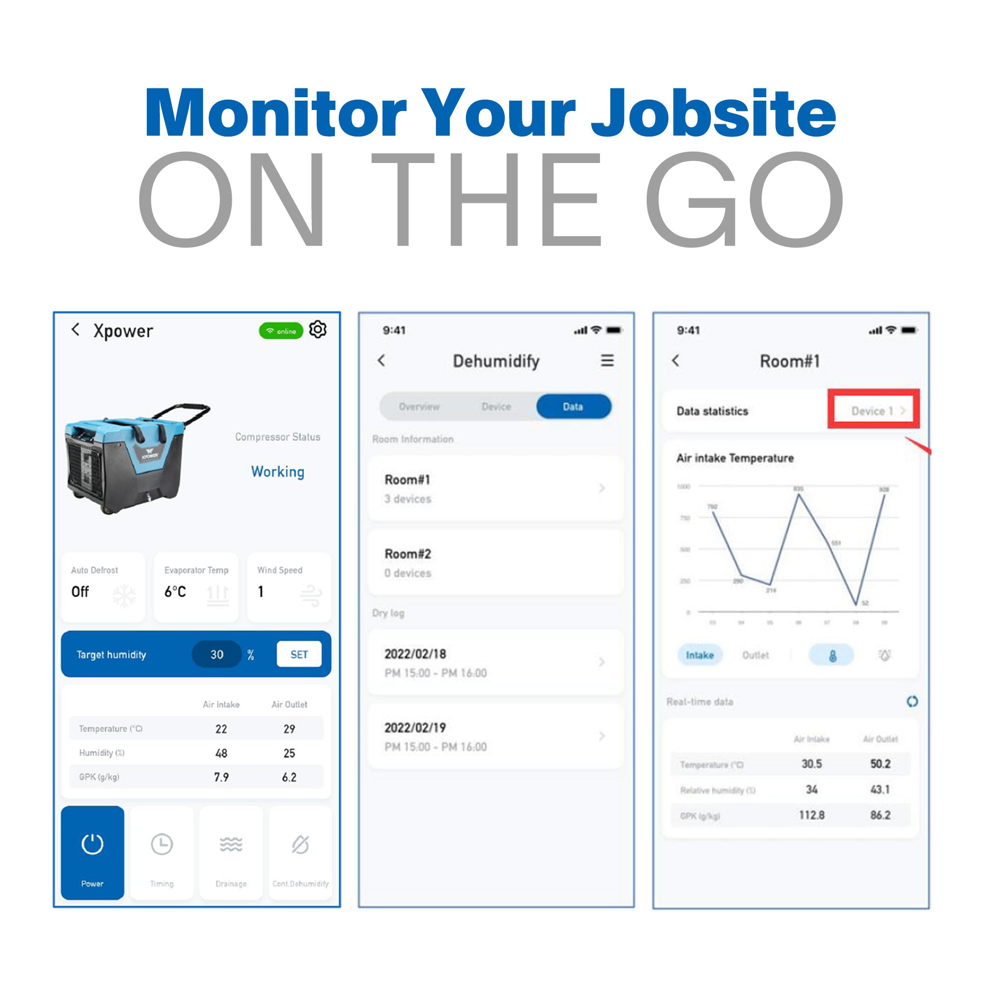 mobile app screen shots on XPOWER XD-125Li Low Grain Refrigerant (LGR) Dehumidifier - 220 PPD
