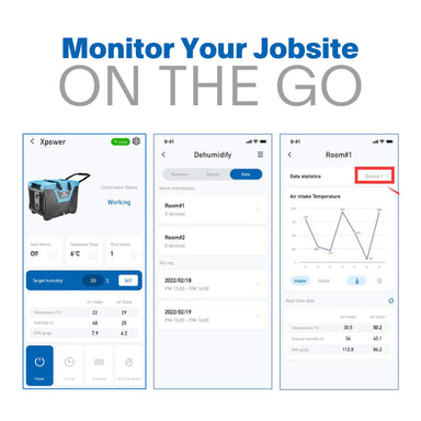 mobile app screen shots on XPOWER XD-125Li Low Grain Refrigerant (LGR) Dehumidifier - 220 PPD