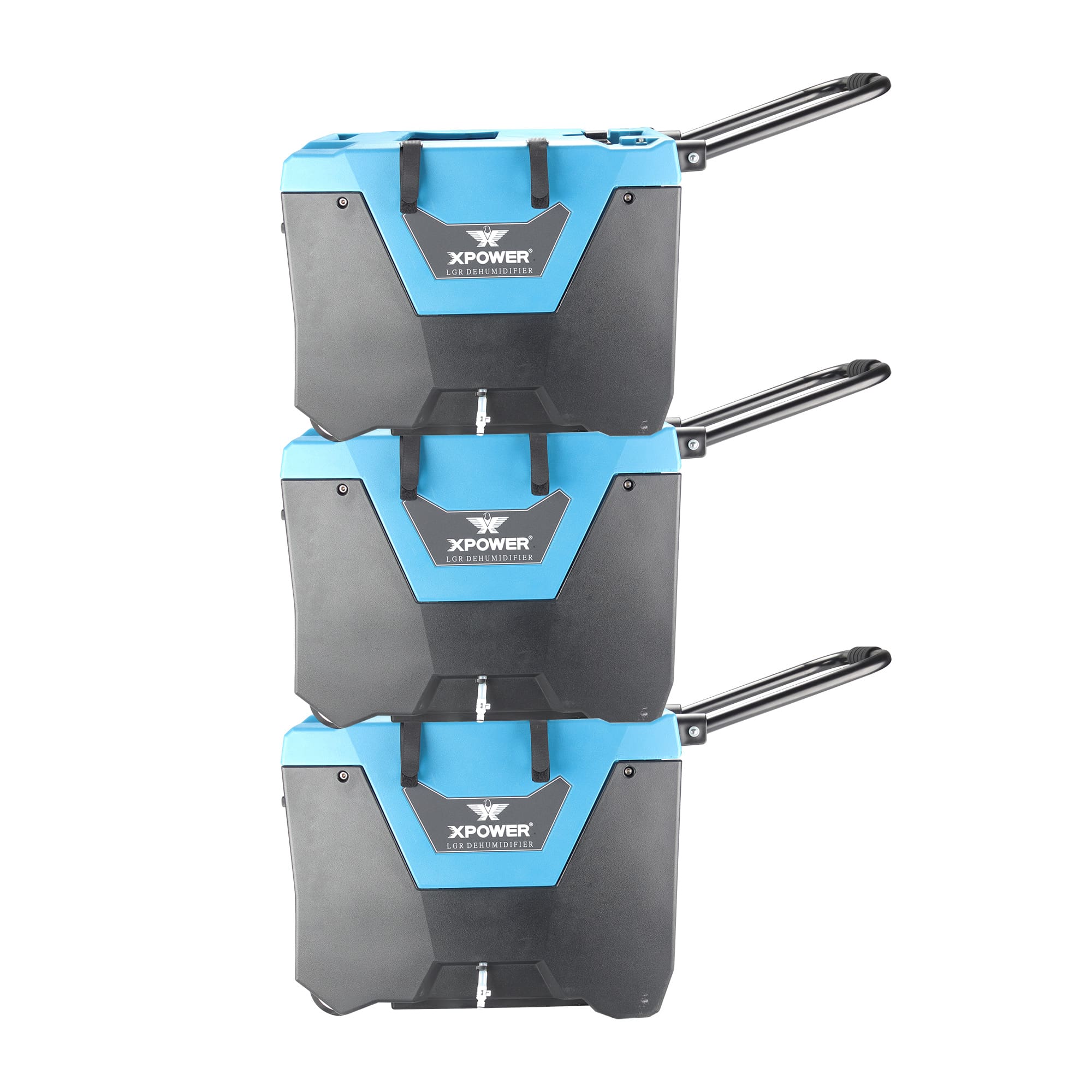view of 3 blue XPOWER XD-125Li Low Grain Refrigerant (LGR) Dehumidifier units stacked for storage or transport