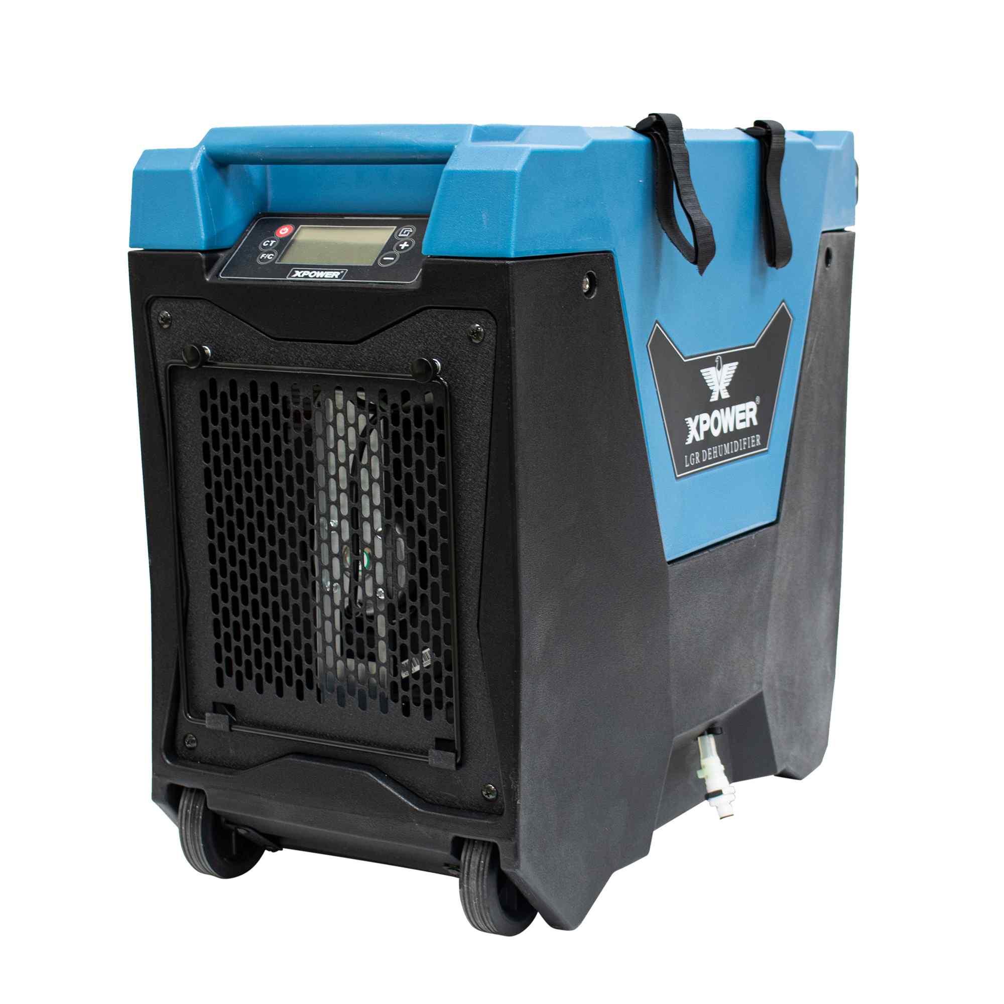 XPOWER XD-85L2 Commercial LGR Dehumidifier angle view handle down in blue