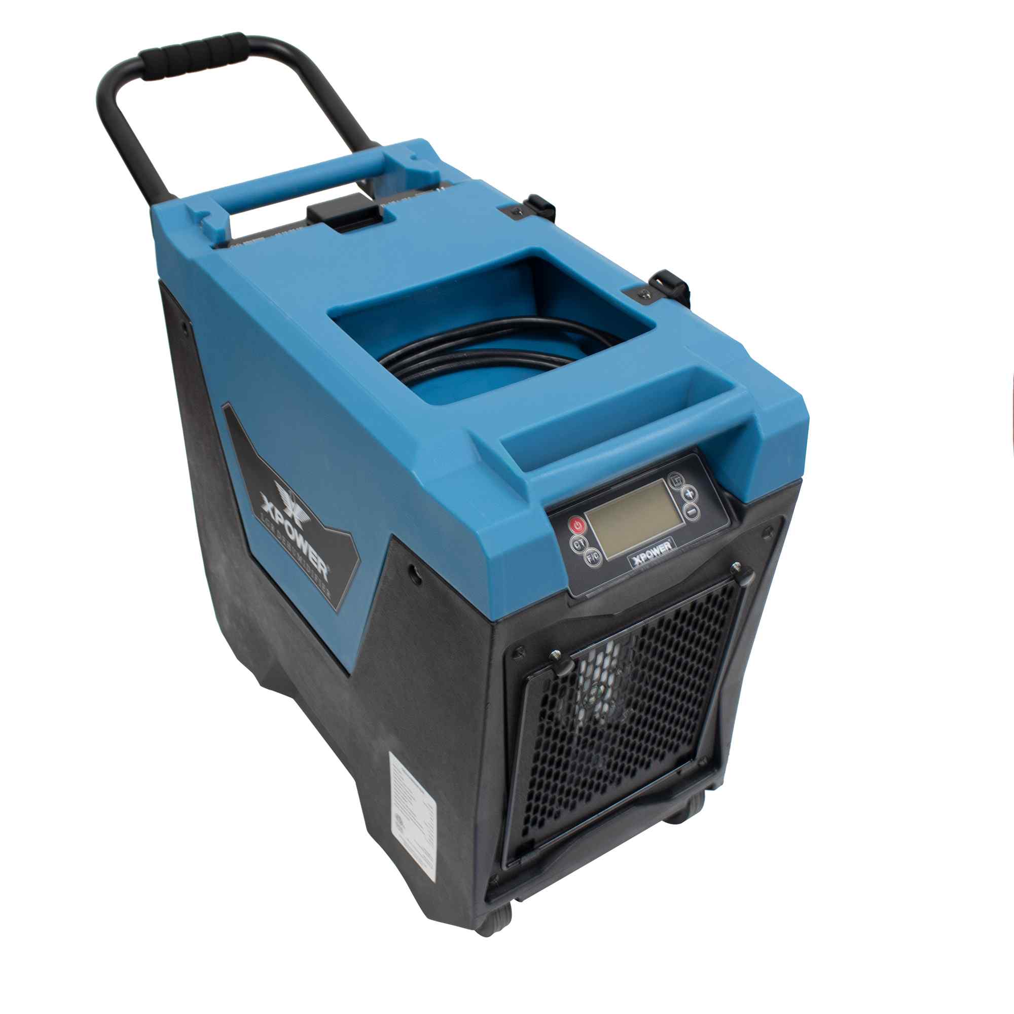 XPOWER XD-85L2 Commercial LGR Dehumidifier top view handle up in blue 