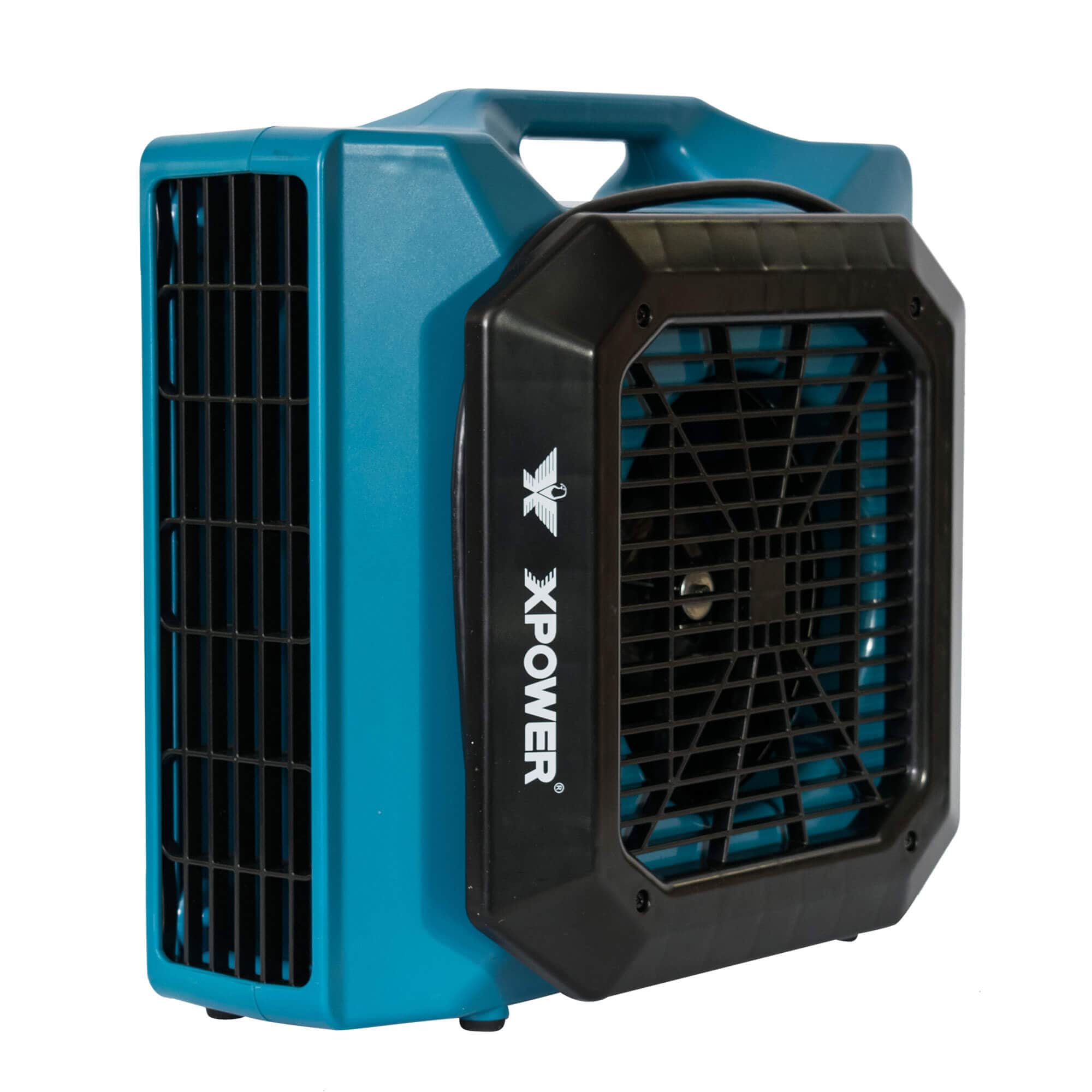 XPOWER XL-760AM Professional Low Profile Air Mover 1/3 HP - 1150 CFM in blue on its side angled drying view