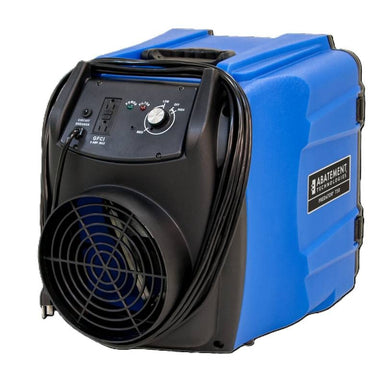 main view of a abatement predator 750 in blue showing control panel daisy chain gfci outlets