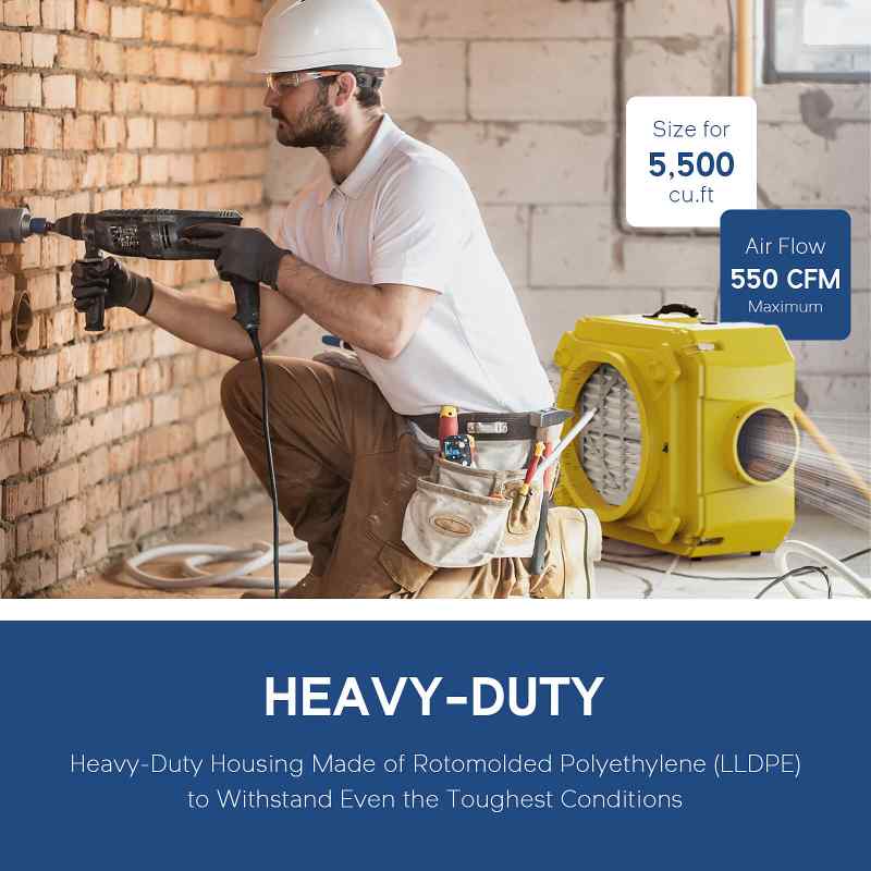 alorair air scrubber with man drilling into wall doing construction