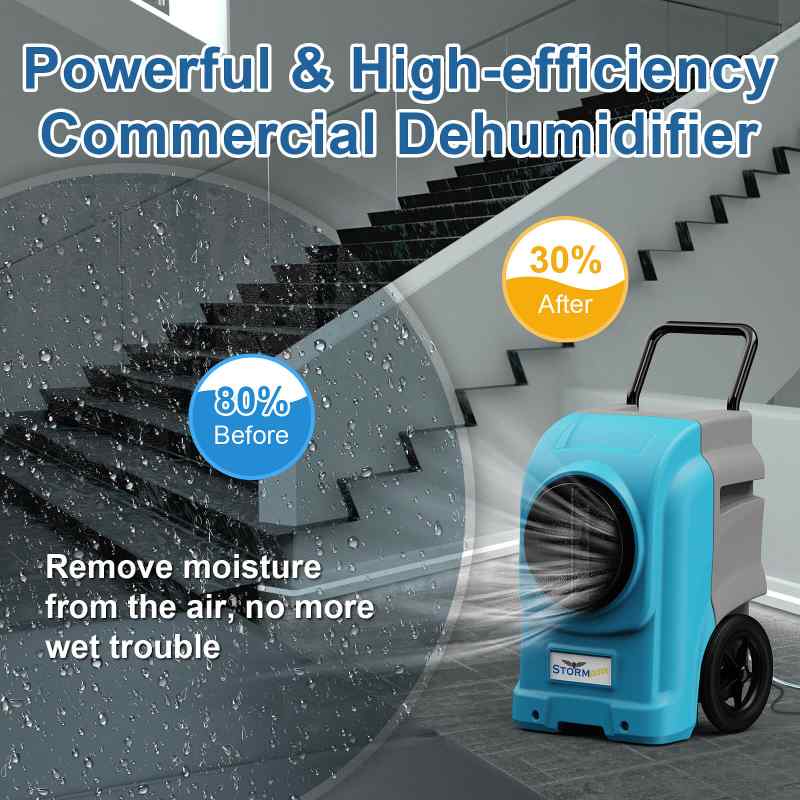 storm elite dehumidifier in blue next to staircase and before and after comparison