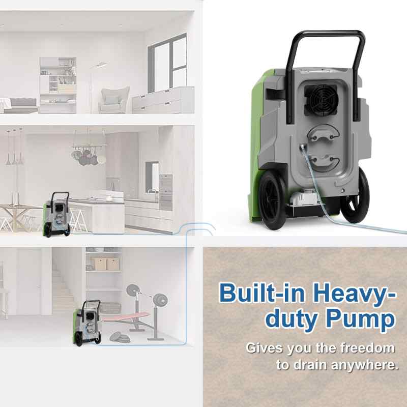 Commercial restoration dehumidifier shown with a built-in heavy-duty condensate pump