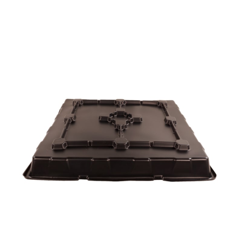 view of bottom of black dehumidifier drip tray on white background