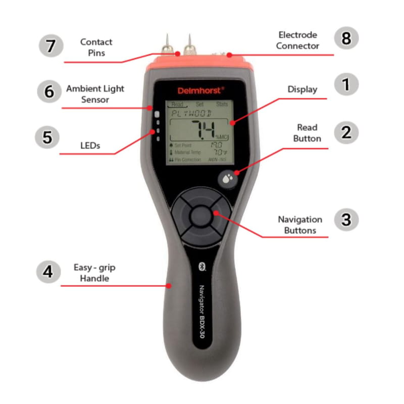 delmhorst navigator bdx 20 pin moisture meter features labeled