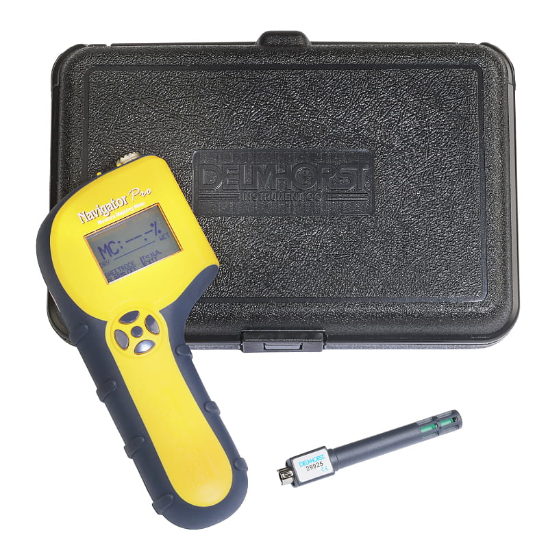 navigator pro moisture meter in yellow with black plastic carrying case and removeable RH sensor