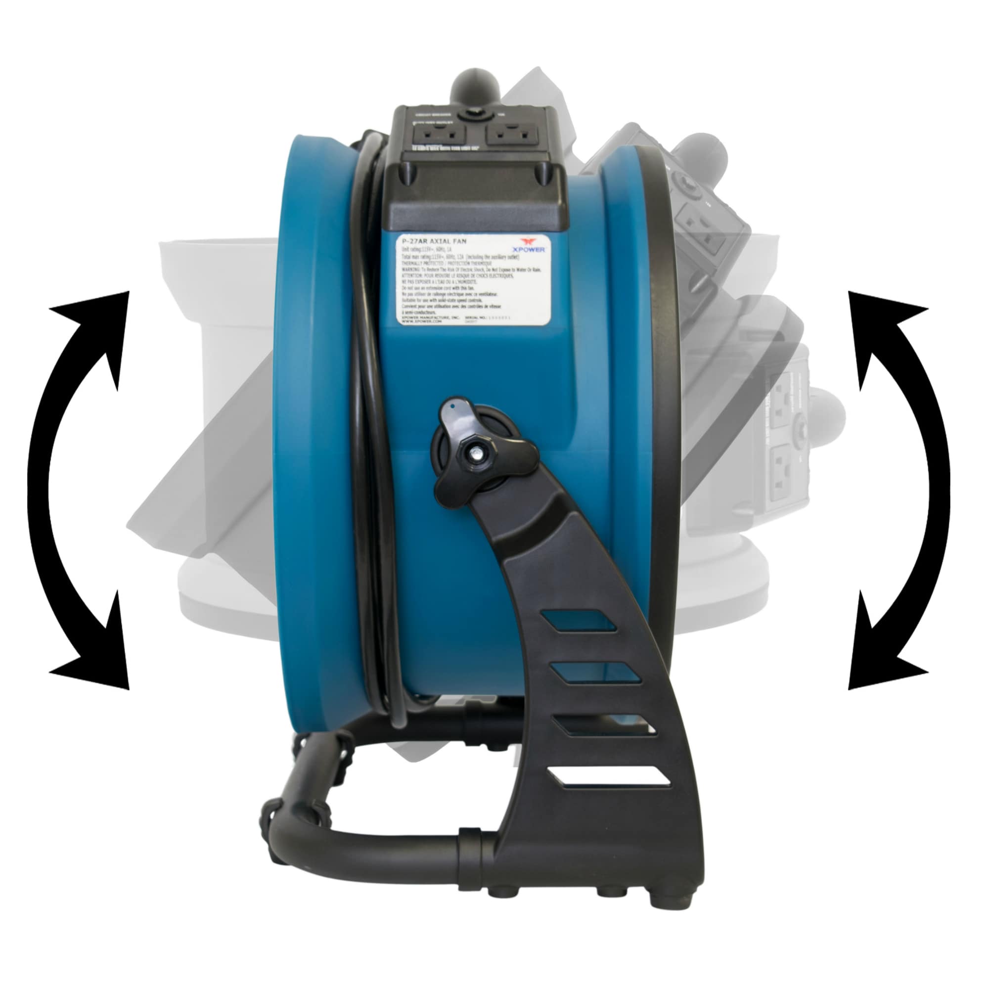 blue xpower p 26ar industrial axial air mover view showing 360 degree capability