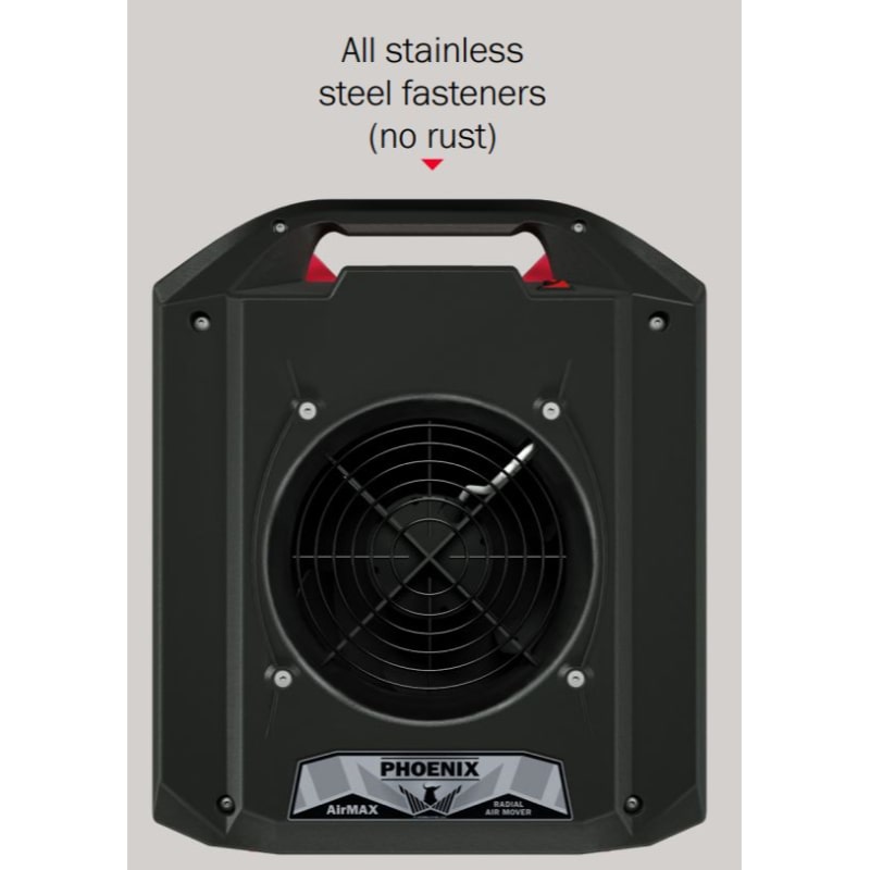 top view of main view of Phoenix AirMAX BLE Bluetooth Enabled Low Profile Radial Air Mover in red with words saying all stainless steel fasteners no rust
