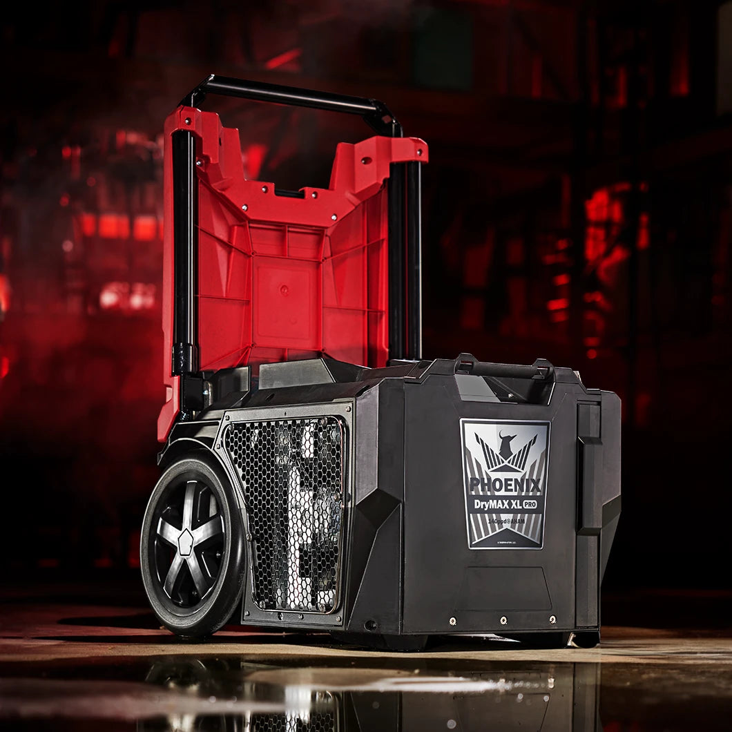 view of Phoenix DryMAX XL Pro LGR Dehumidifier in red on warehouse floor