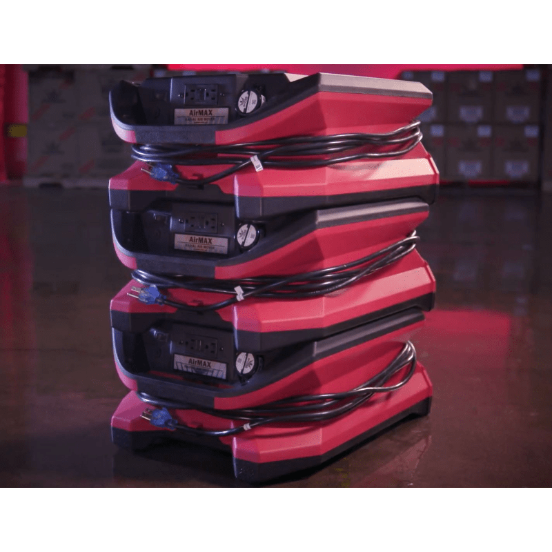 airmax ble radial air mover in red stacked 3 high in warehouse