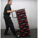 phoenix radial air movers in red stacked on a dolly being moved