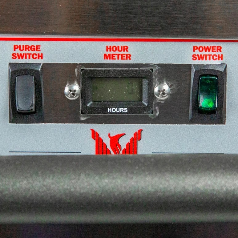 phoenix 250 max dehumidifier control panel showing purge switch hour meter and power switches